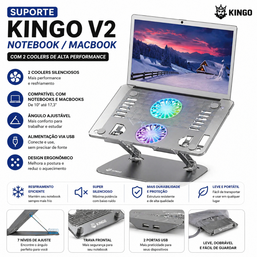 Suporte Kingo V2 Notebook Macbook Com 2 Cooler