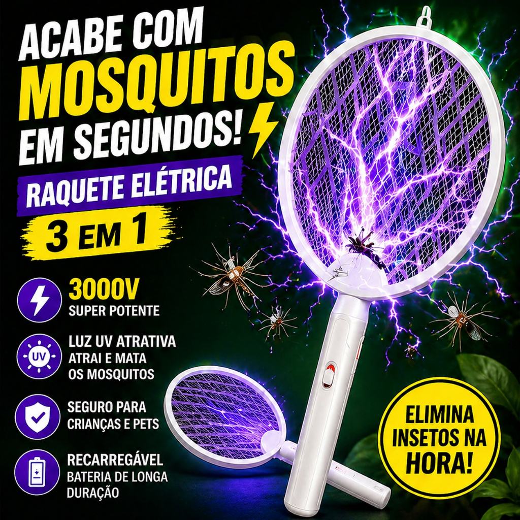Raquete Mata Mosquito Elétrica Com Luz Atrai Mosquito Recarregavel USB 3000V