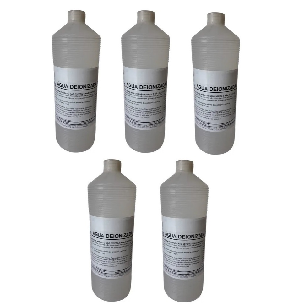 Água Deionizada - Kit Com 5 Litros (embalagem de 1 L) Alta Pureza - Condutividade: < 5 µS/cm2