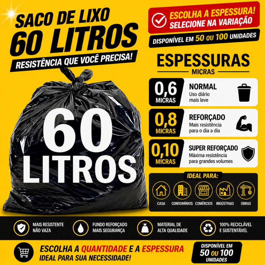 Saco de lixo 60 Litros preto reforçado resistente direto da fábrica