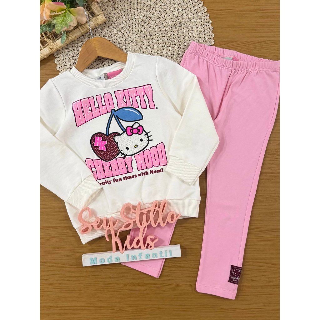 Conjunto Infantil Momi Inverno com Calça Legging Rosa e Moletom sem Flanela Hello Kitty Cherry