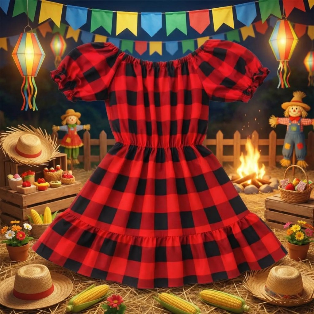 Vestido Infantil Xadrez Modelo Ciganinha Festa Junina São João Quadrilha Meninas Princesa
