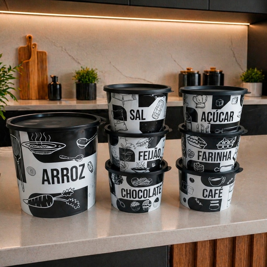 Jogo Porta Mantimento Conjunto 7 Peças Com Tampa (Pote Arroz 4,5kg) + (6 Potes p/ 1kg)