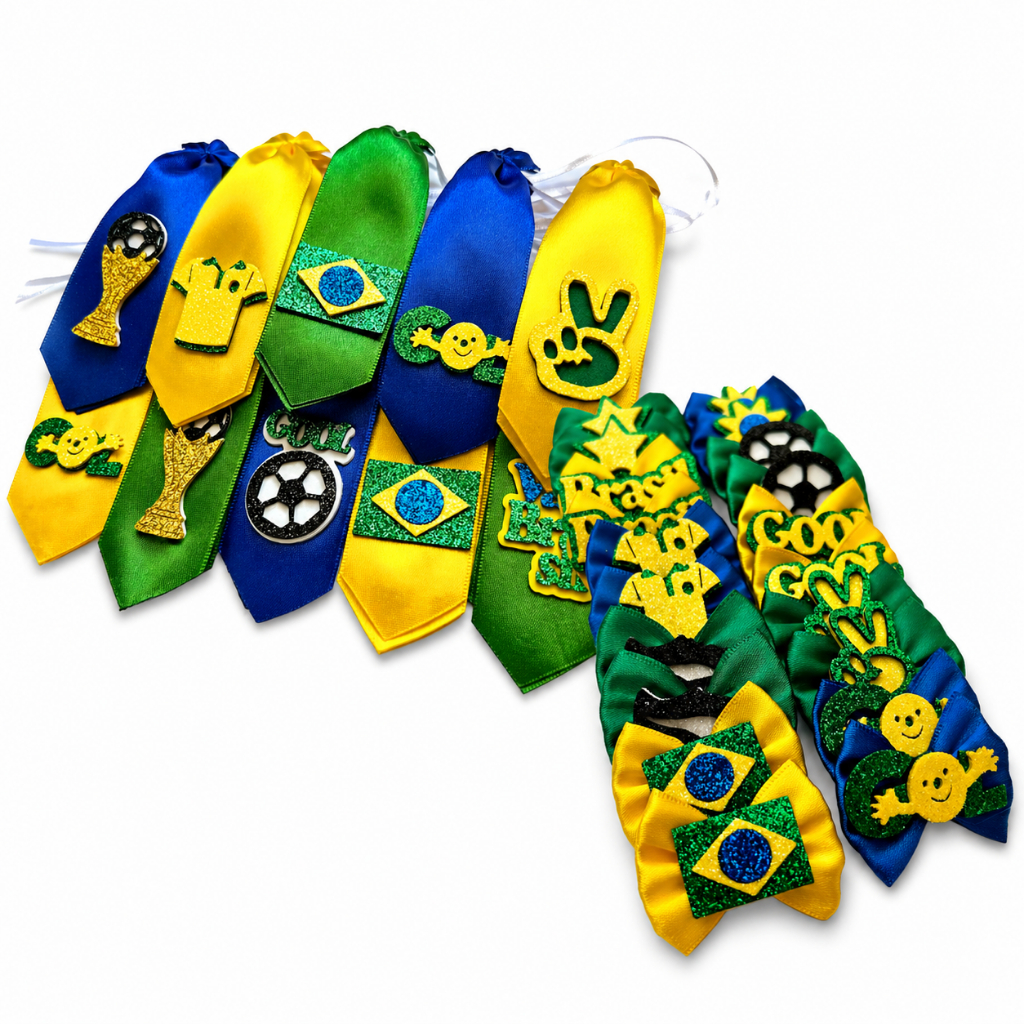 Kit Gravatinhas e Lacinhos Pet Combinando Tema Copa do Mundo Banho Tosa