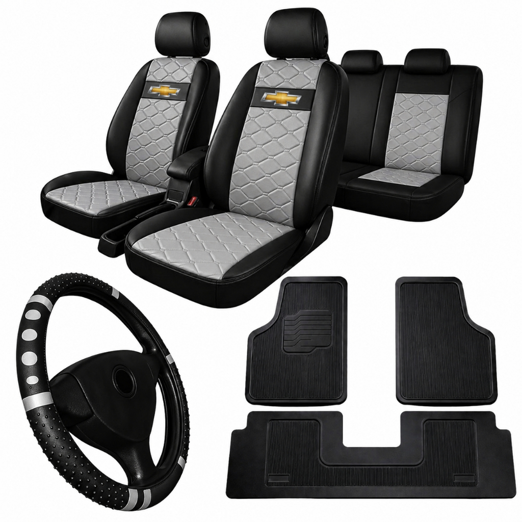 Kit Capa Banco Couro Lavável Celta Corsa Prisma Onix Astra + Tapete Borracha + capa de volante carro