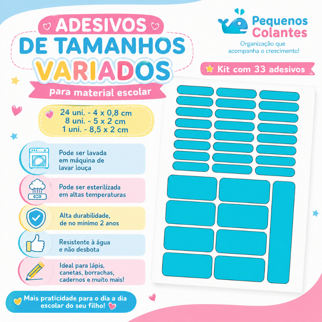 Etiqueta Escolar Personalizada 33 Unidades | 3 Tamanhos | À Prova D'Água | Material Escolar e Garrafinhas