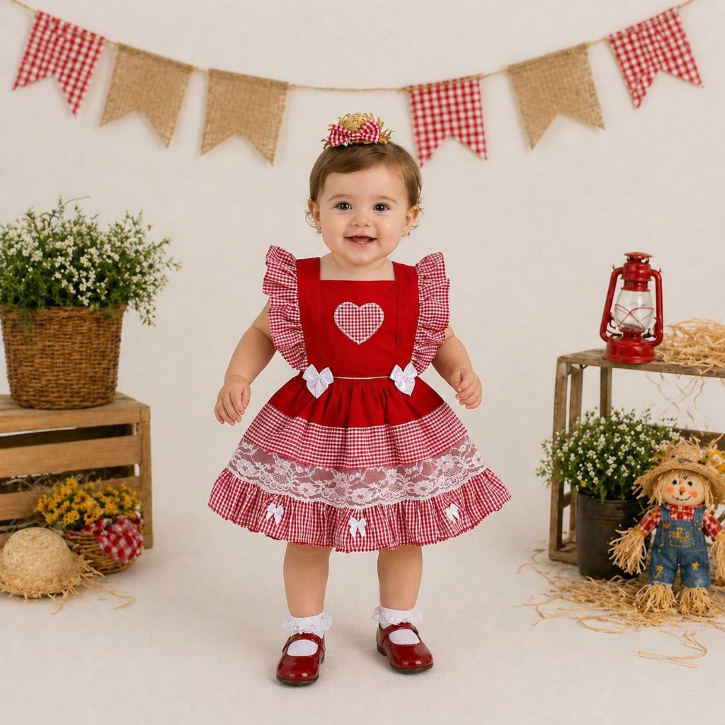 Romper Infantil Vestido Festa Junina Caipira Bebê São João Arraiá Julina Agostina Bloqueira