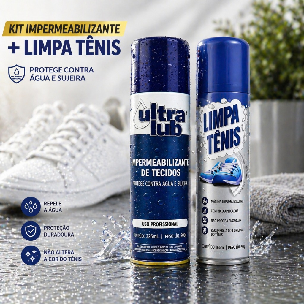 Kit Limpa Tênis + Impermeabilizante de Tecidos 325ml Proteção Contra Água e Sujeira Limpeza de Tênis