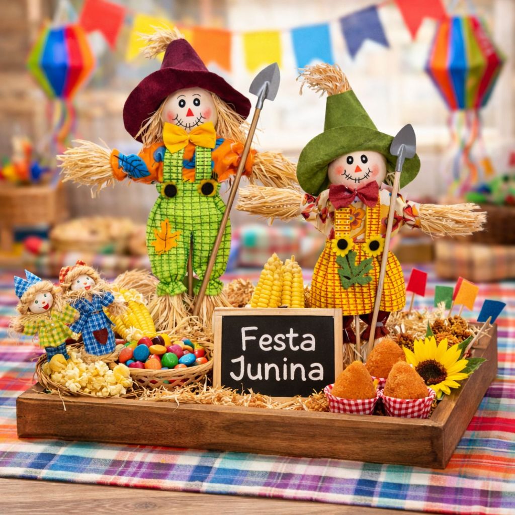 Espantalho Pequeno Enfeite de Mesa Festa Junina Arraiá São João Decoração Julina Quermesse Casal