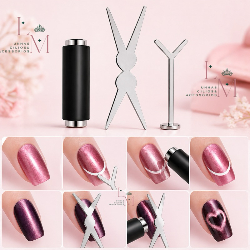 Kit Imã Efeito Francesa Reversa E Coraçãozinho Para Esmalte em Gel Magnético Olho de Gato Catye Nail Designer Manicure
