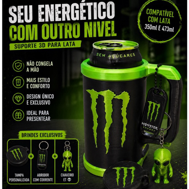 Suporte para Lata de Energético 3D + Tampa + Abridor + Chaveiro ET 👽 | Porta Lata Estilo Caneca Inspirado Monster Energy