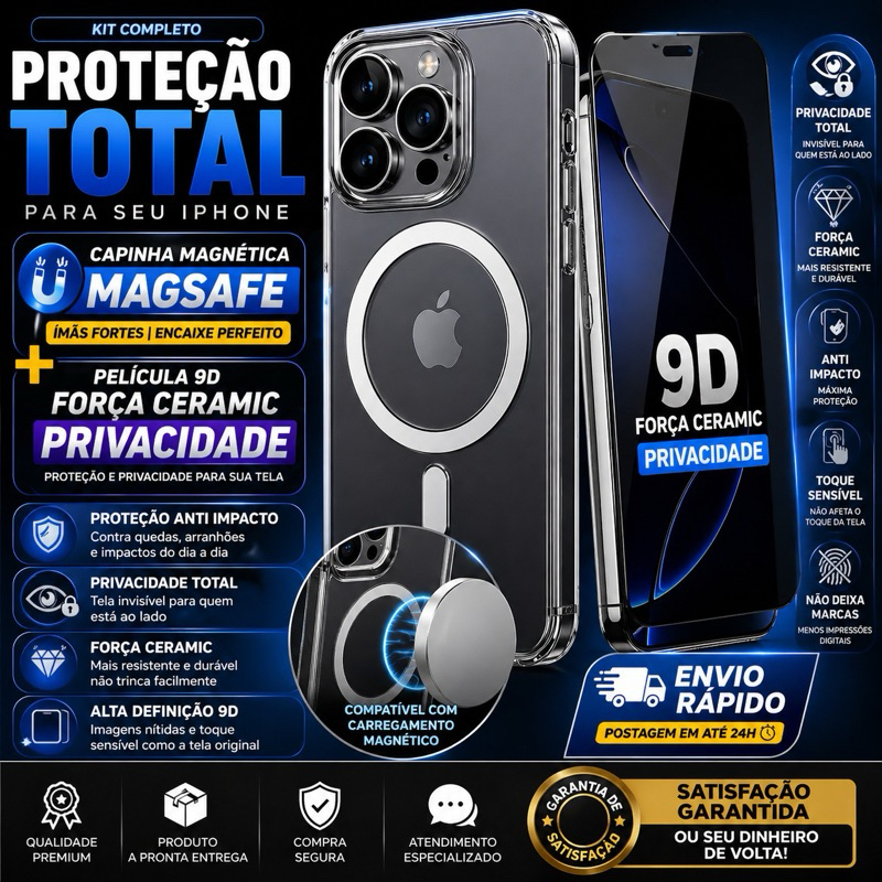 Kit Capa MagSafe + Película 9D Privacidade Anti-Spy iPhone 12 13 14 15 16 17 Pro Max | Ímã Forte Proteção Total