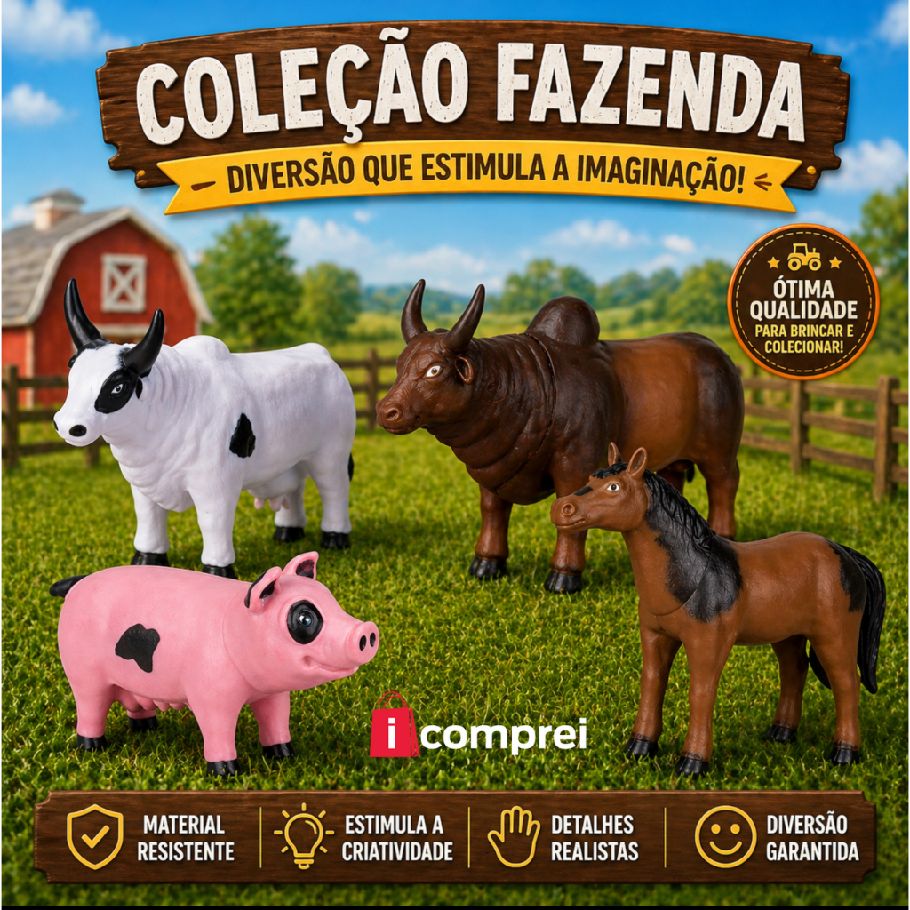 Kit 4 Animais Da Fazenda Mini Touro + Vaca + Cavalo + Porco Em Vinil Macio Brinquedo Fazendinha