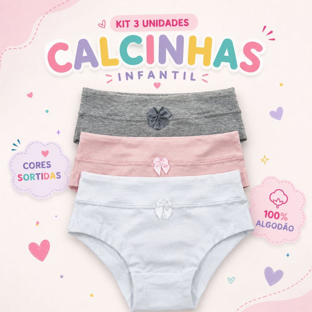 Calcinha Infantil Lisa Menina Em Algodão Premium Kit com 3 1299-K3