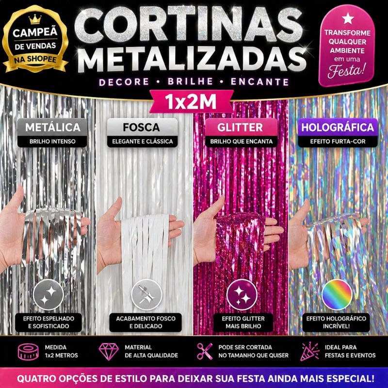 Cortina Metalizada Grande Lisa Franja - Glamour, Moderno, Para Aniversários Casamentos Eventos