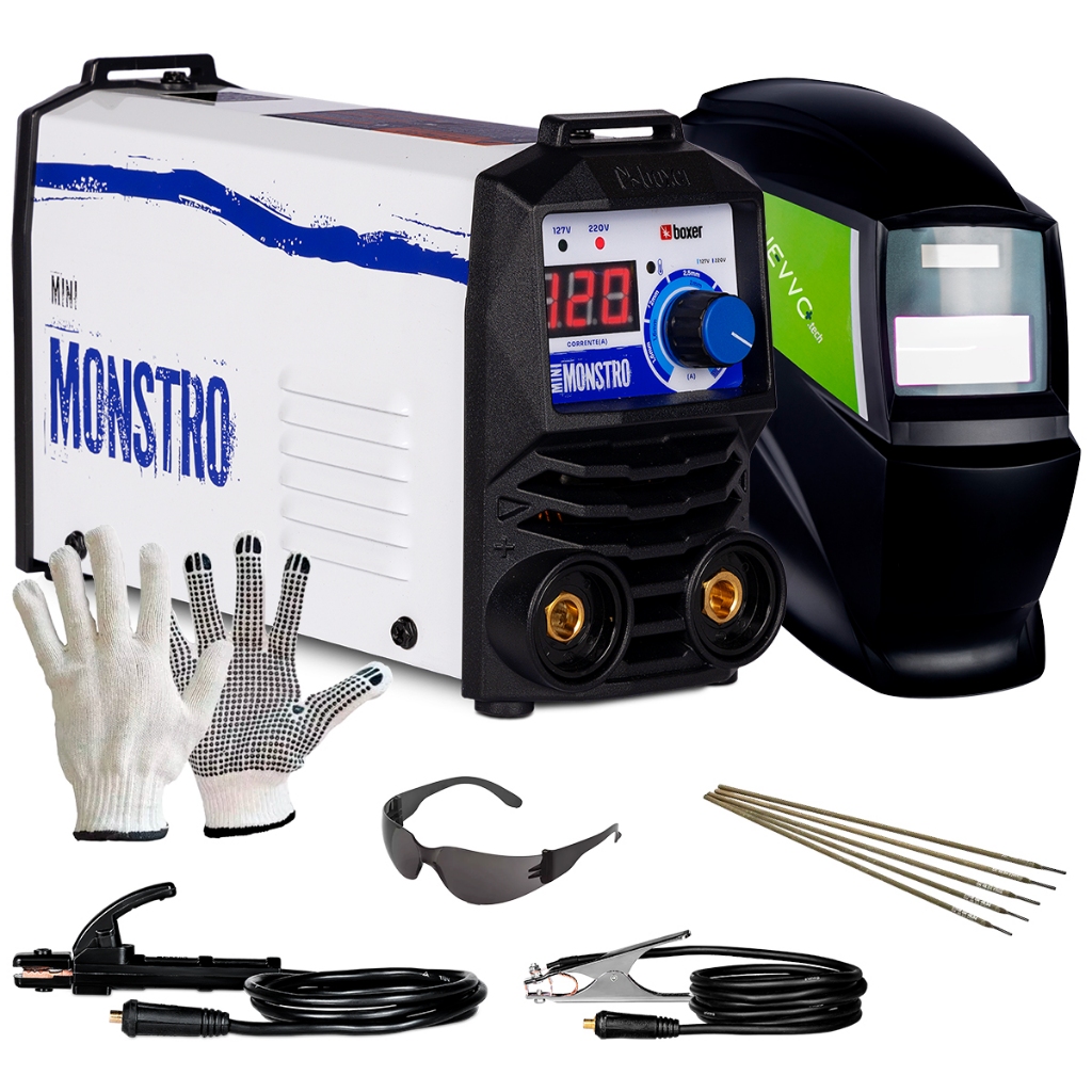Máquina Inversora de Solda 120a Mma Tig Bivolt Mini Monstro Boxer + Kit Máscara de Solda