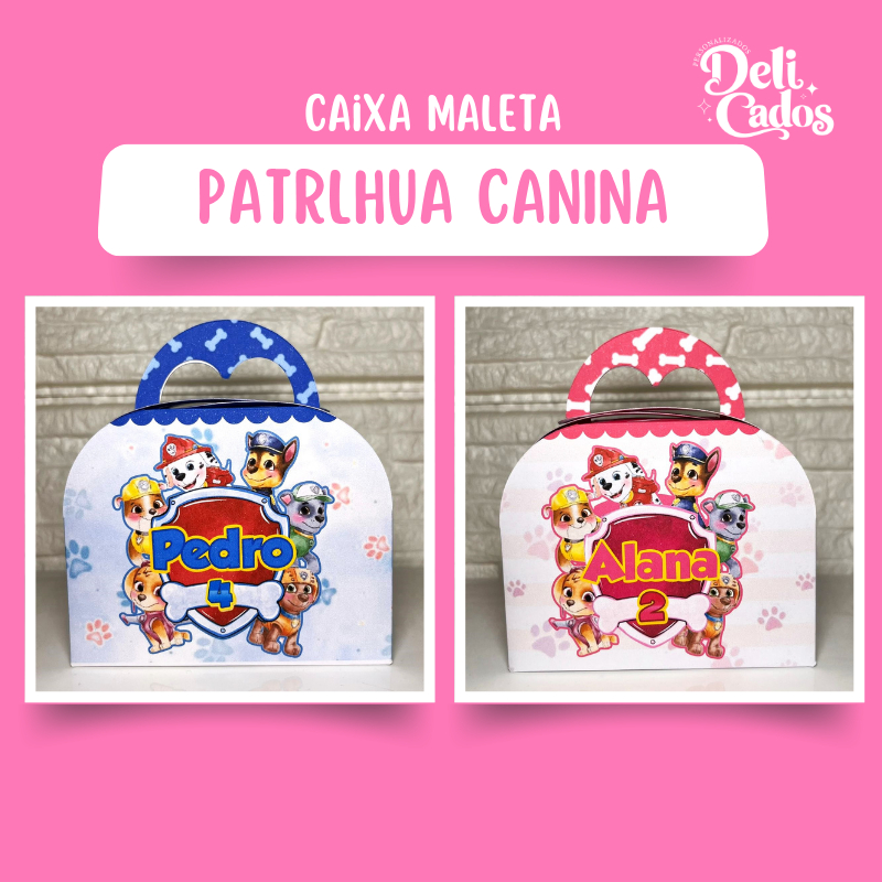 KIT Caixas Maleta Personalizada PATRULHA CANINA AQUARELA MENINO AZUL PATRULHA CANINA AQUARELA MENINO ROSA  LEMBRANCINHA