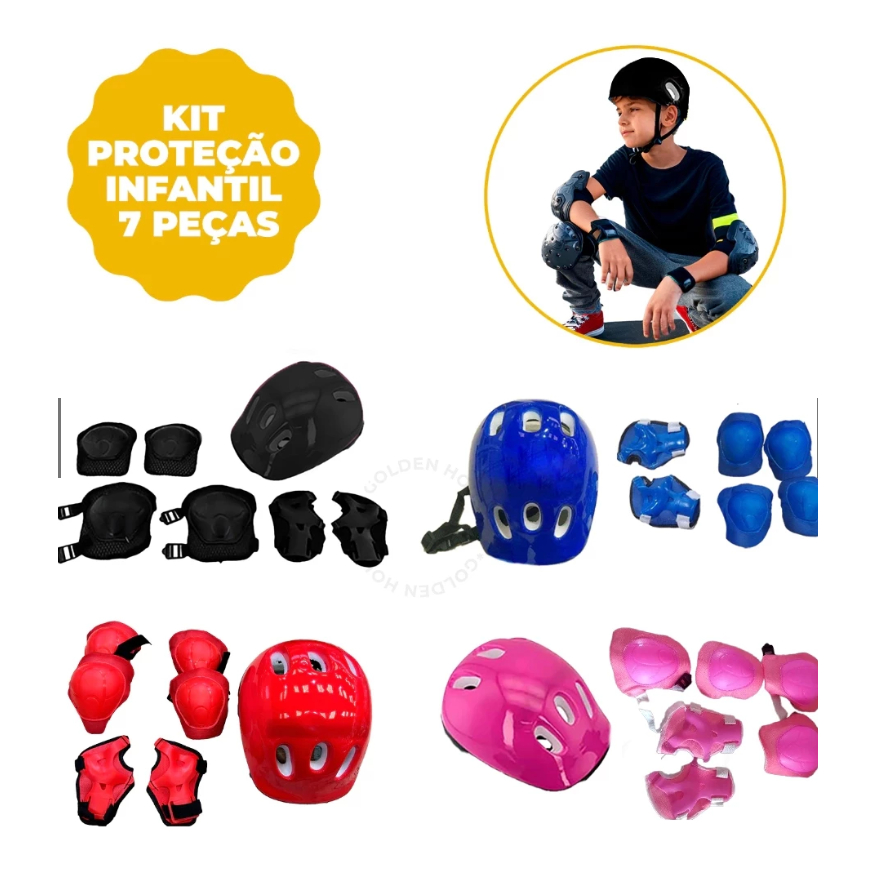 Kit Capacete Patins Proteção 7 Peças Criança Infantil Joelheira Cotoveleira Luvas Bicicleta Patinete Skate