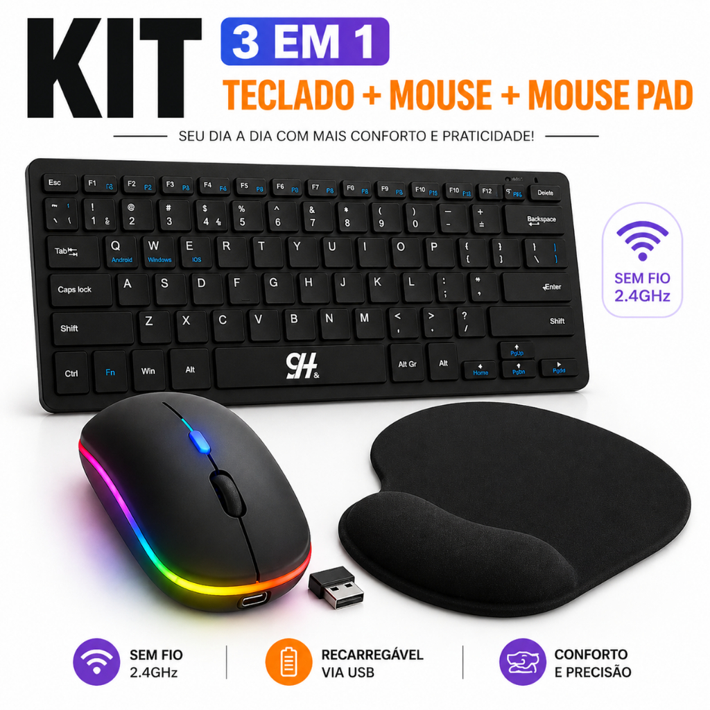 Kit Teclado Sem Fio + Mouse Sem Fio Silencioso + Mouse Pad Apoio Punho Preto