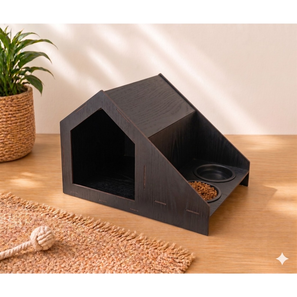 Comedouro Duplo Com Casinha Pet Conforto Cães e Gato Em Madeira
