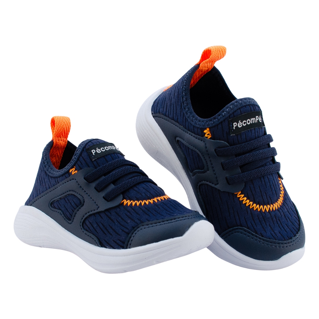 Tenis Infantil Menino Casual Moderno Azul Calce Fácil Elástico Bordado Laranja Leve Respirável