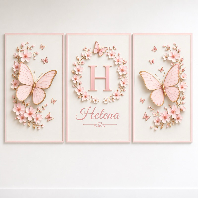 Kit 3 Quadros Decorativos Infantil Borboletas Floral Personalizado com Nome