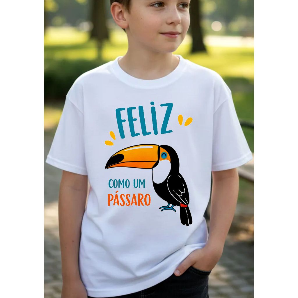 Camiseta Infantil Estampada, Camisa Branca - Tucano - Feliz Como Um Pássaro