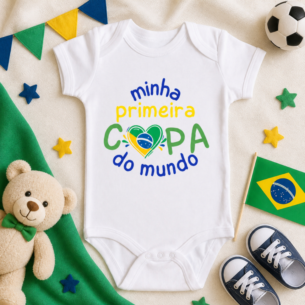Body branco curto bebê divertido primeira copa do mundo 2026 FIFA