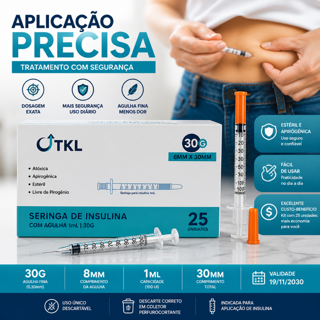 Kit de 25 Unidades de Seringa Para insulina 1ml 8mm 30mm 30G TKL Ultra Fina