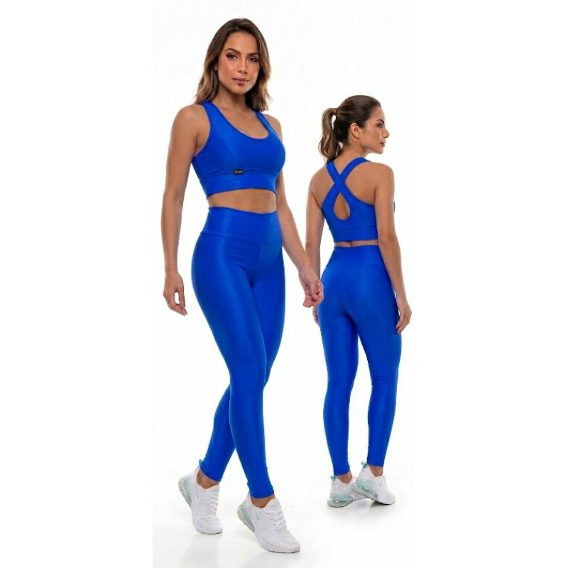 Conjunto micro canelado poliamida de academia calça legging e top Viveza Fitness, bojo removívell