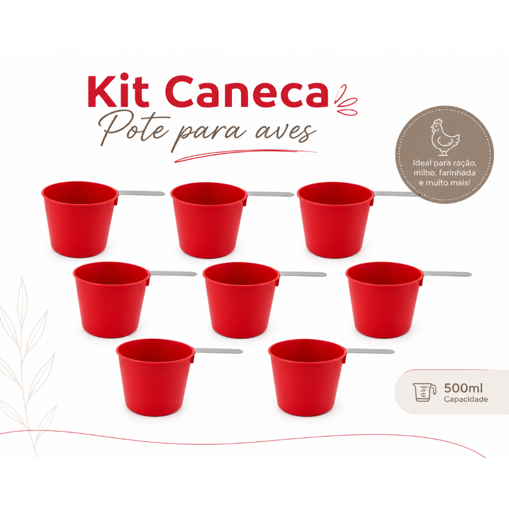 Caneca Plástica com Alça de Metal P/ Granjas Pote Tratar Animais Aves Galinha Codorna Cavalo kit 6