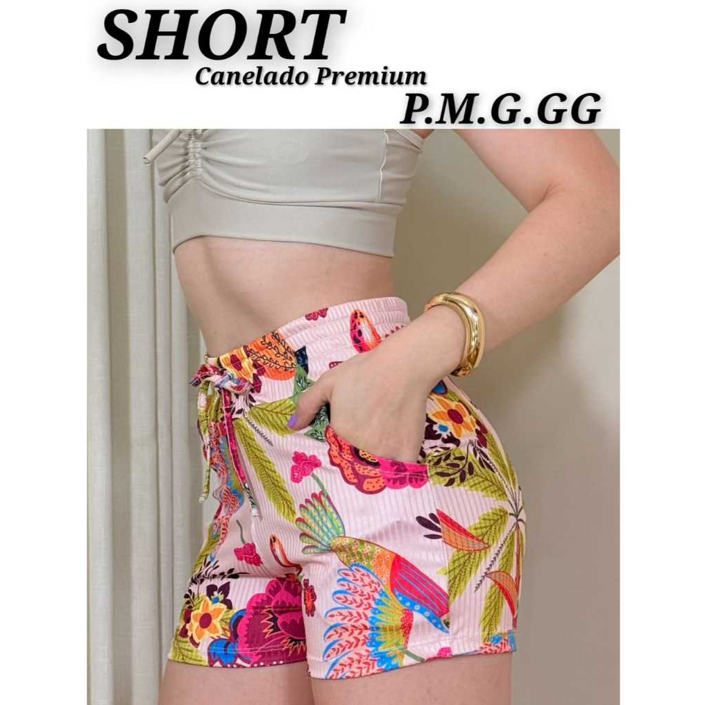Short Feminino Estampado Canelado Com Bolso Malha Canelada  Com Elastano Moda Verão Casual P.M.G.GG