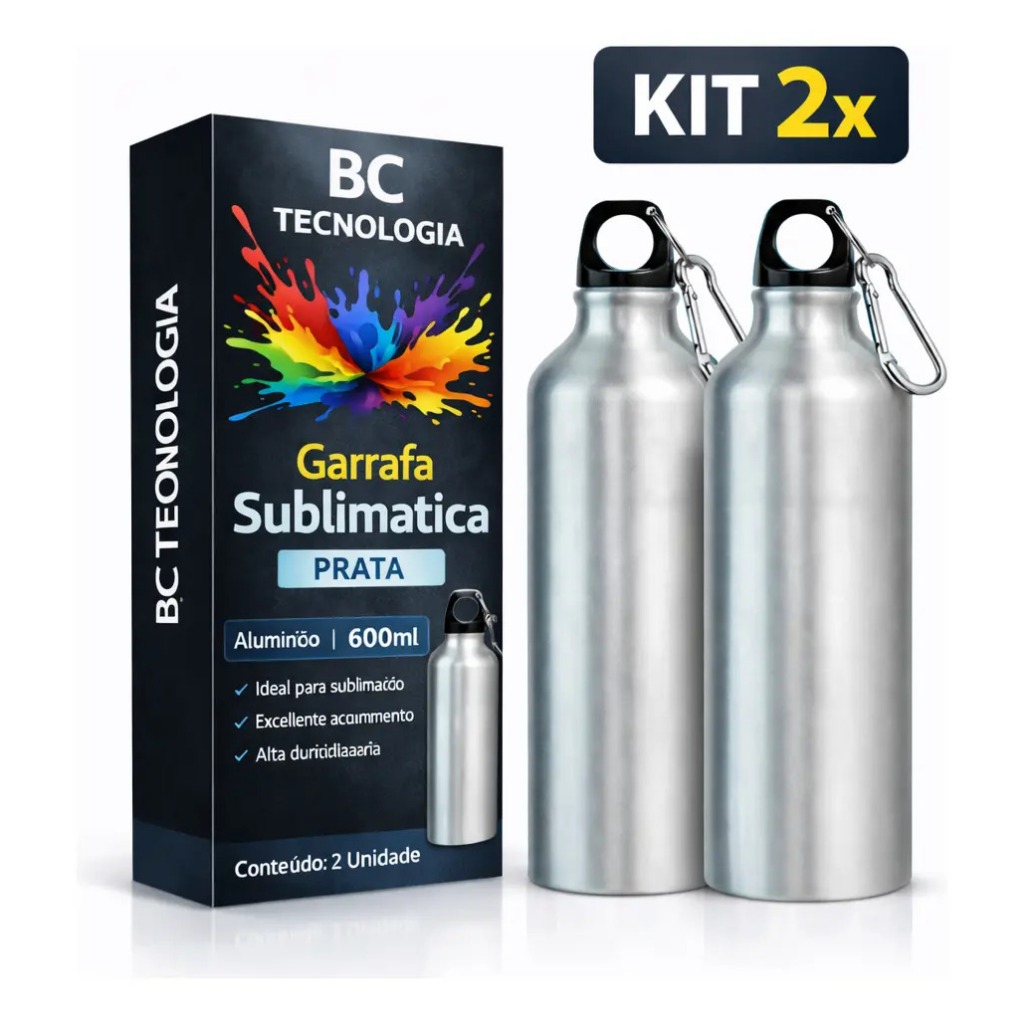 02 Garrafa de Alumínio Prata com Tampa Mosquetão para Sublimação Garrafinha Squeezer 600ml Orca