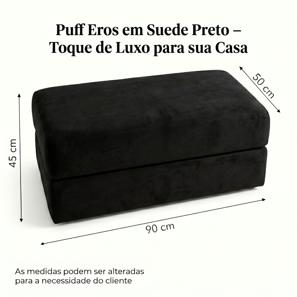 Puff Eros Retangular Suede Preto 90cm | Banco Estofado Decorativo