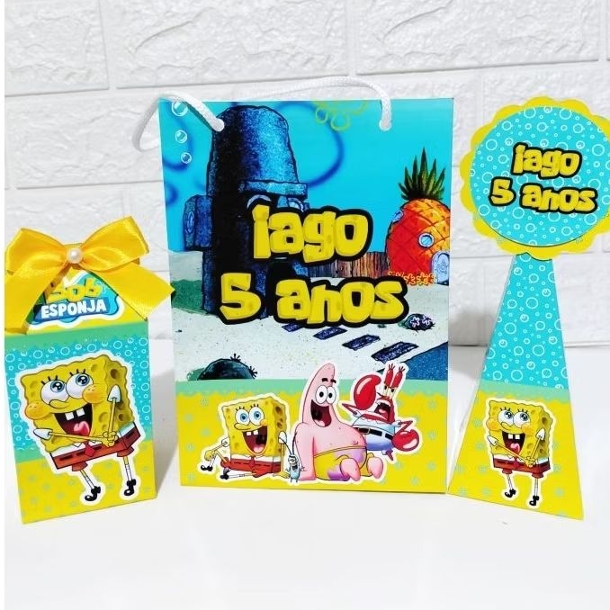 Kit Festa Bob Esponja Personalizado - Sacolinha + Caixa Milk + Pirâmide Cone | Lembrancinha Infantil 9 a 45 Unidades