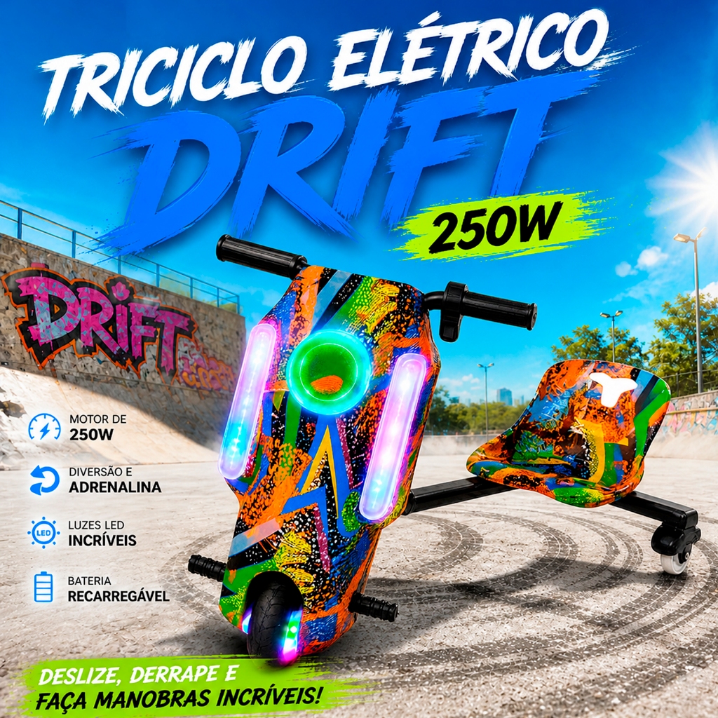 Triciclo Elétrico Drift Infantil 250W Luz LED Bluetooth MP3 6" Polegadas Bateria de Longa Duração