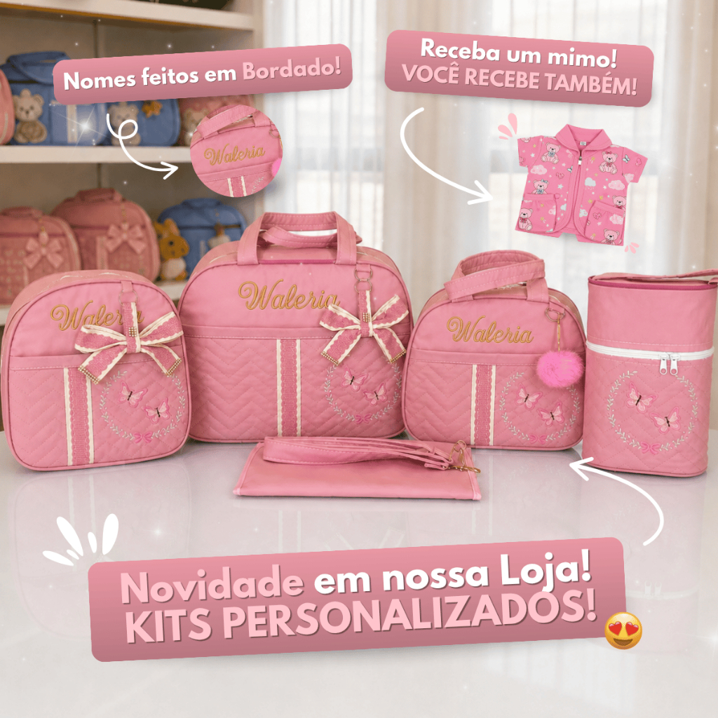 Kit para Bebê Personalizado Bolsa Maternidade com Borboletas Completo com 5 peças para Menina