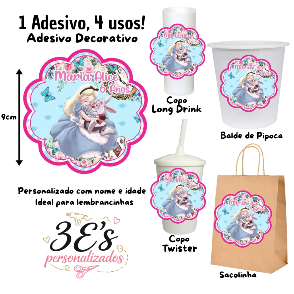 Alice No País Das Maravilhas Adesivo Personalizado Sacolinhas Balde Copo Twister Copo Long Drink