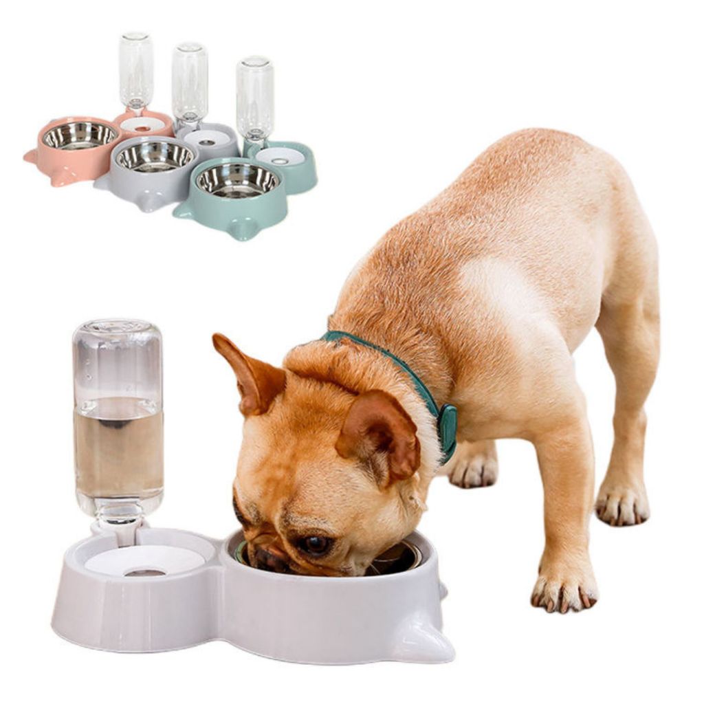 Comedouro e Bebedouro Duplo Automático Napi Pet Gato Cachorro Garrafa 500ml Pelos Longos Tigela Inox
