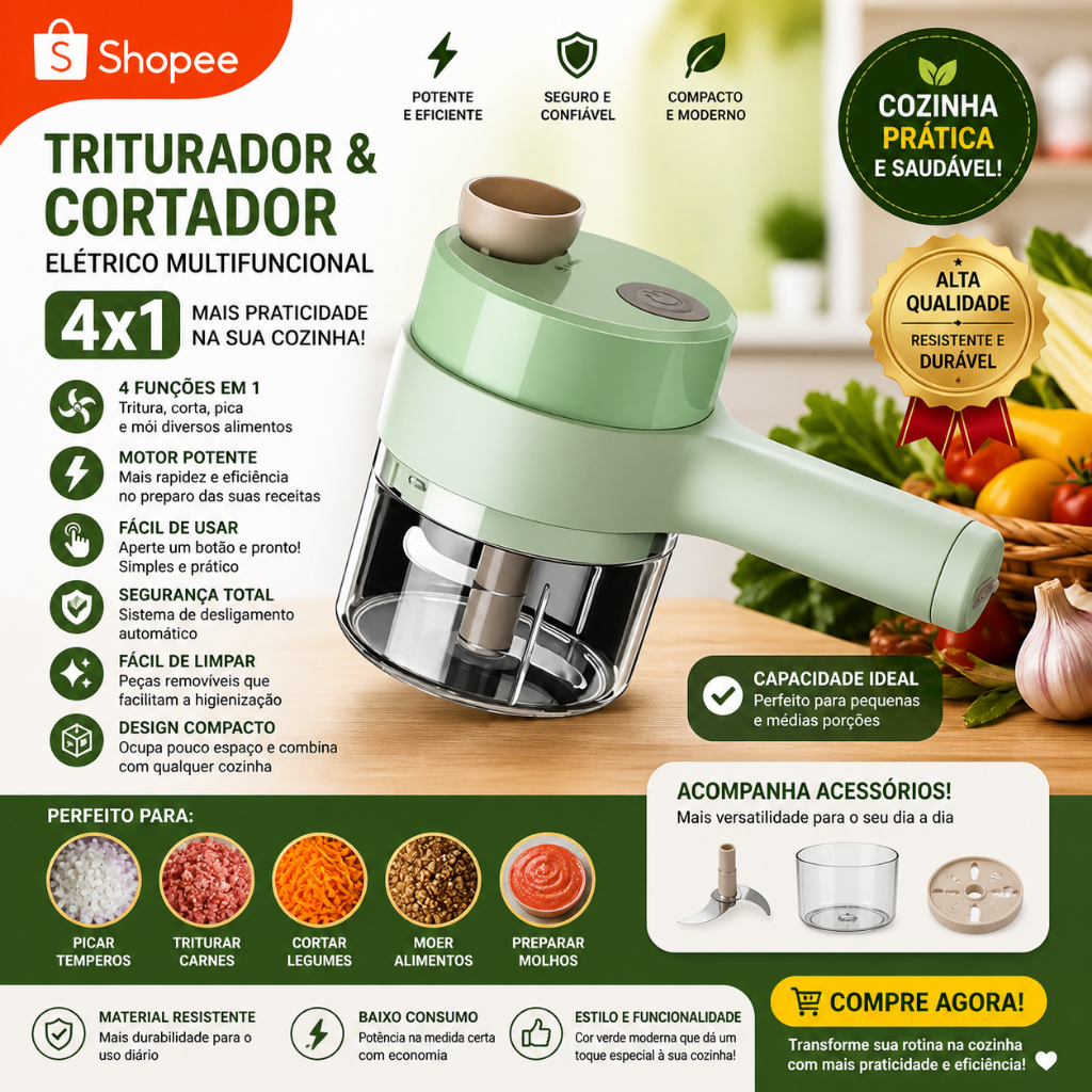 Mini Processador Elétrico 4 em 1 Triturador Alimentos Portátil USB Recarregável Cortador Cozinha