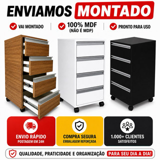 Gaveteiro com Rodinhas 4 Gavetas – Enviado Montado - Ideal para Escritório e Quarto 100% MDF