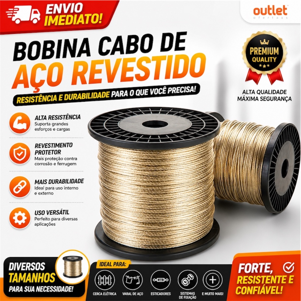 Bobina Cabo De Aço Revestido 100m Varal Reforçado Para lonas esteiras teares maritimo Multiuso