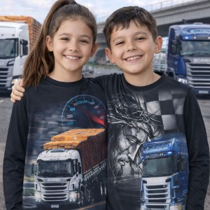 Camisa térmica infantil caminhão pesca boi comitiva cavalo trator peixe UV+50 proteção solar agro