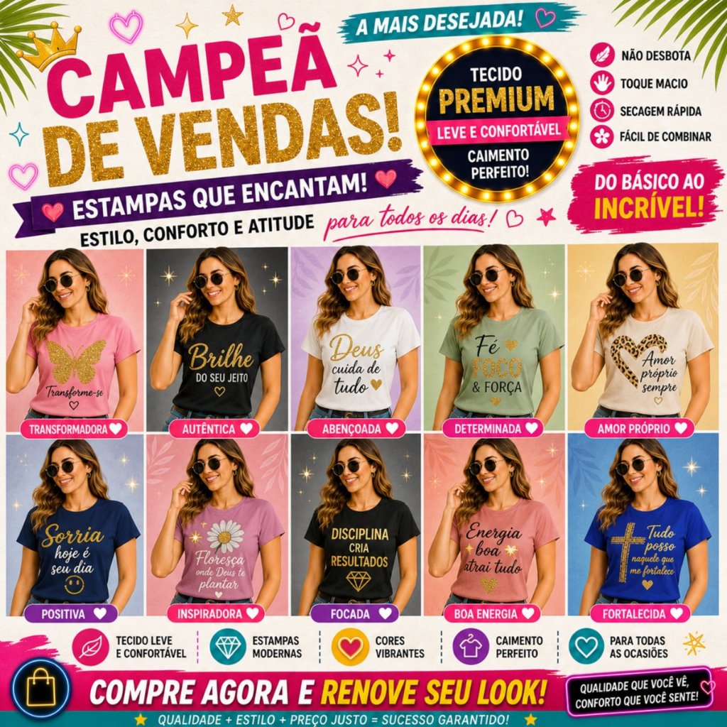 Kit Sortido 1 ou 4 Camiseta Feminina Moda Casual Algodão Confortável Básica Lisa Dia a Dia Promoção Blusa Feminina