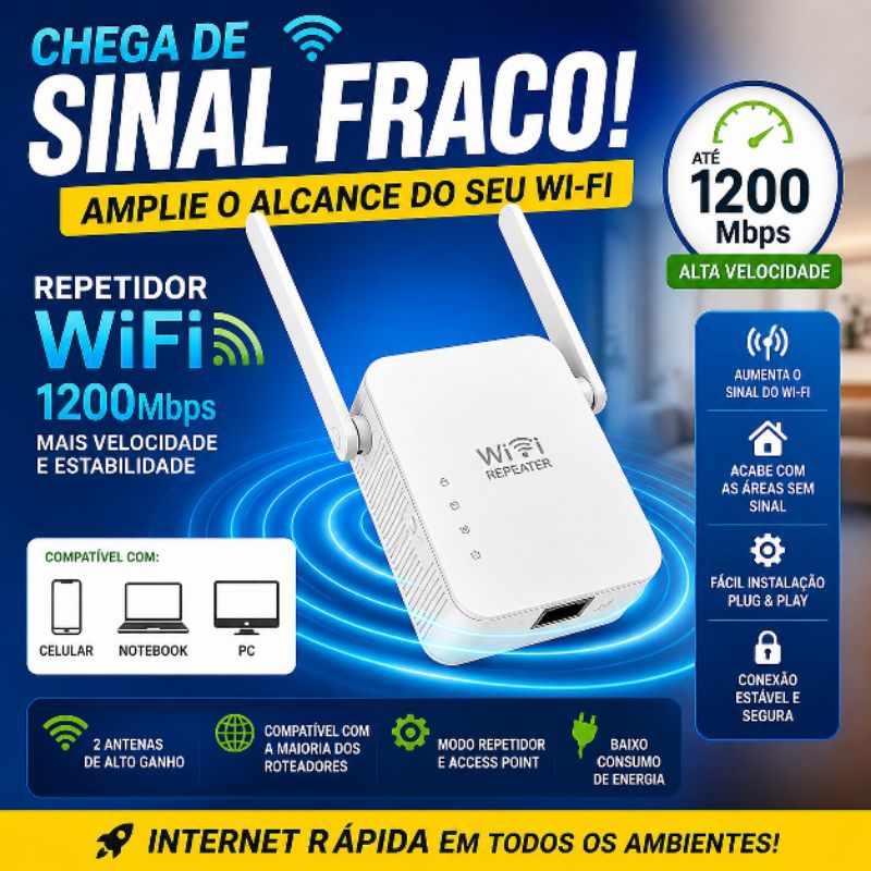 Repetidor WiFi 1200Mbps Amplificador de Sinal Wireless-N 2 Antenas Extensor de Rede Casa/Escritório