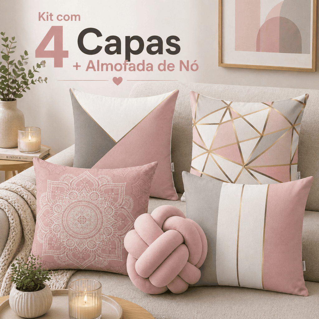 Kit 4 Capas de Almofada Decoração Luxo Mandala Rosa + Almofada Nó Silicone