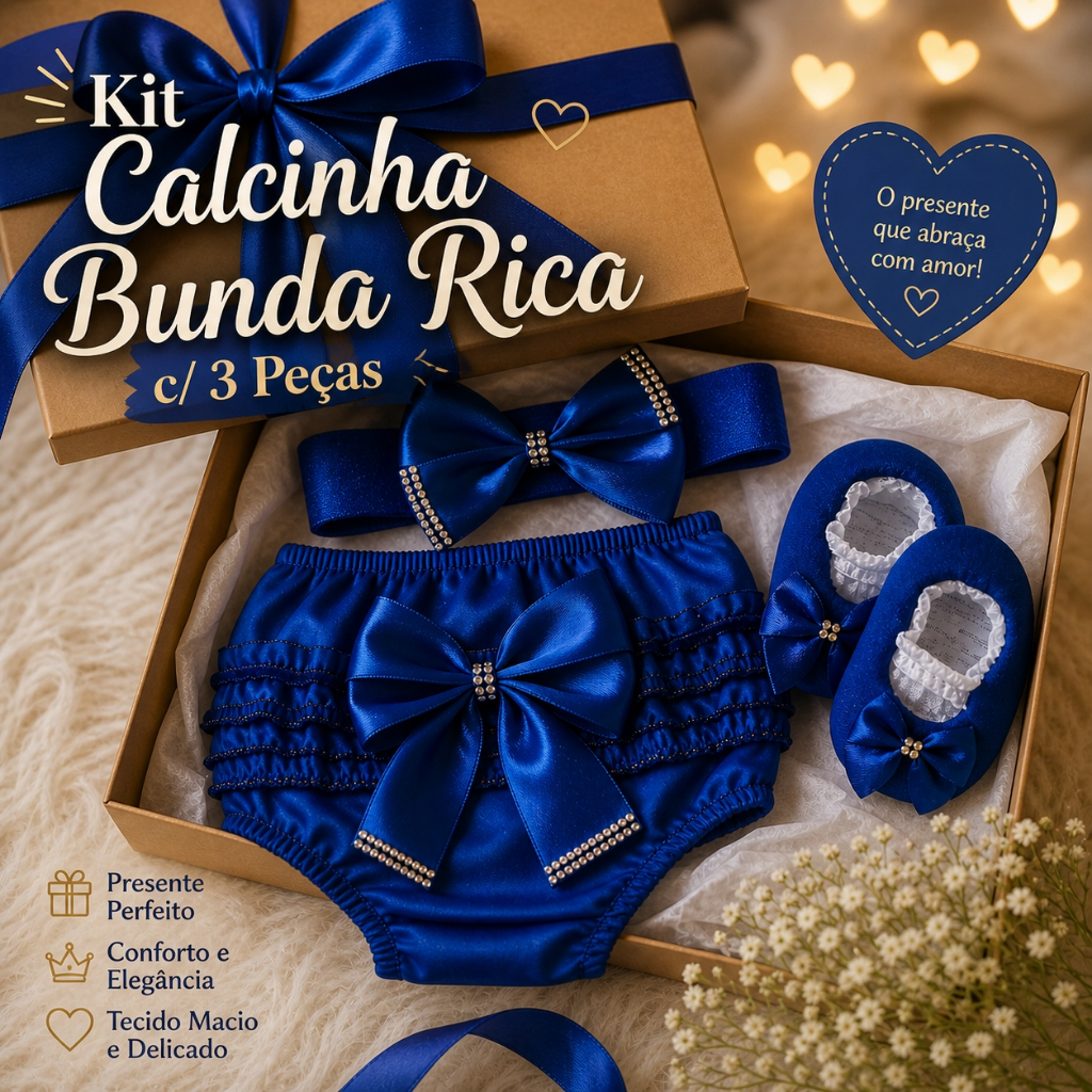 Kit Calcinha Bunda Rica Luxo com 3 Peças Presente Perfeito para Bebê Menina 0 á 6 Meses