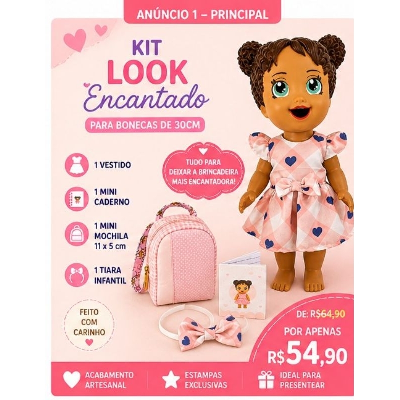 Kit Escolinha Boneca 30cm + Mochila + Caderno + Acessórios