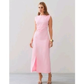 Vestido Feminino Midi Alfaiataria Sem Manga Fenda Lateral Elegante Social Festa
