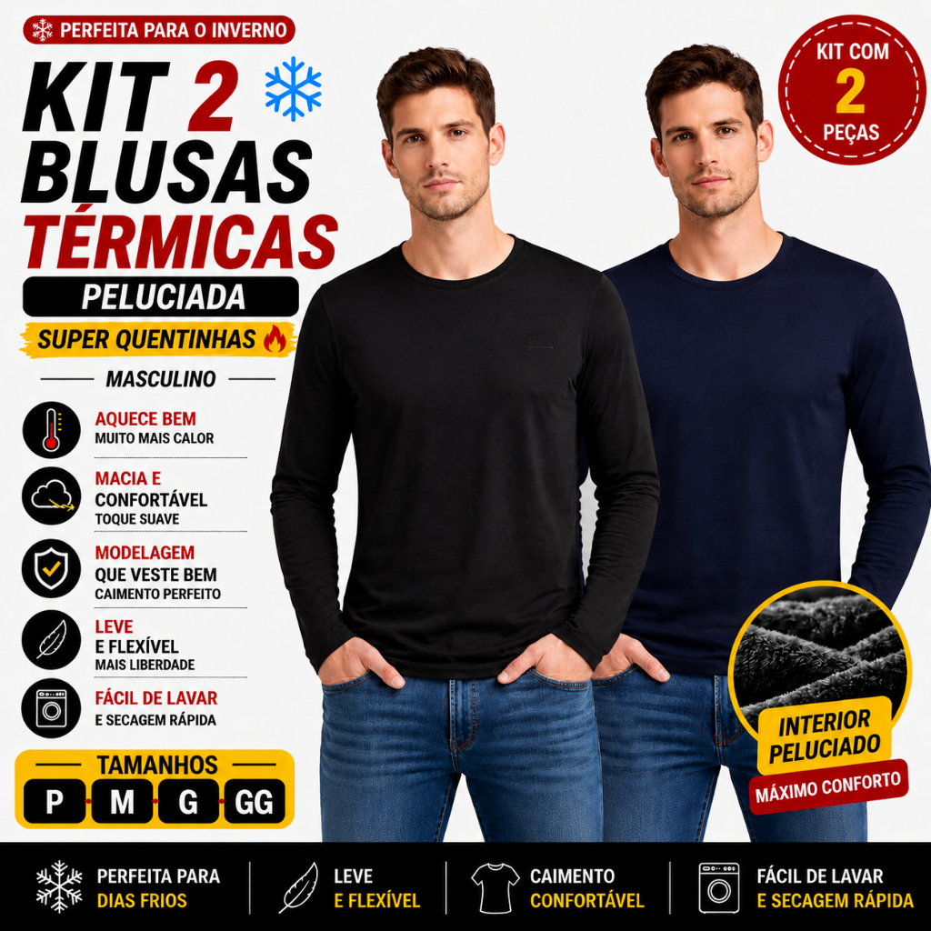Kit 2 Blusas Masculinas Clima Frio Tecido Quente Ajuste ao Corpo Macio Uso Diário Leve 26800-K2-C1